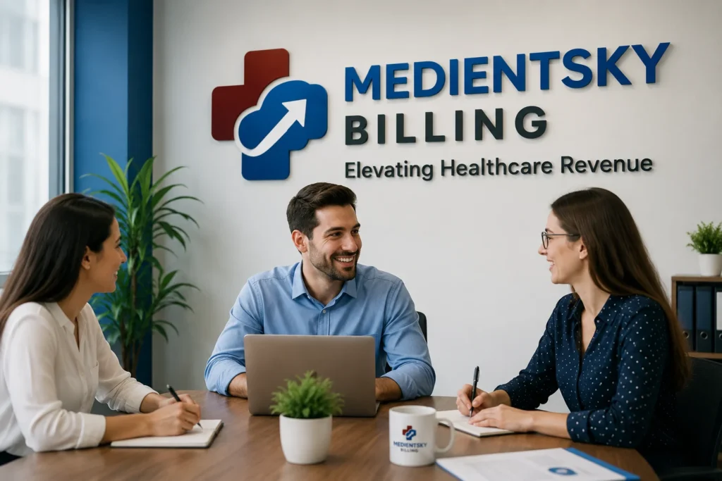Medical billing and revenue cycle management team discussing patient claims