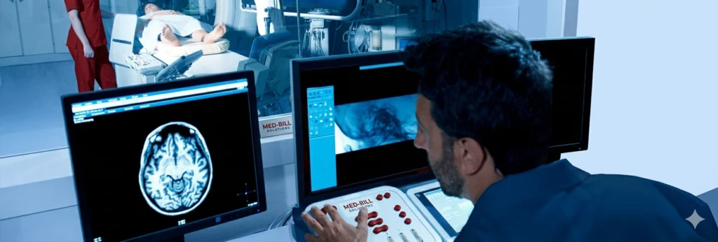 Doctor reviewing brain MRI scans with RCM billing software for a neurology institute