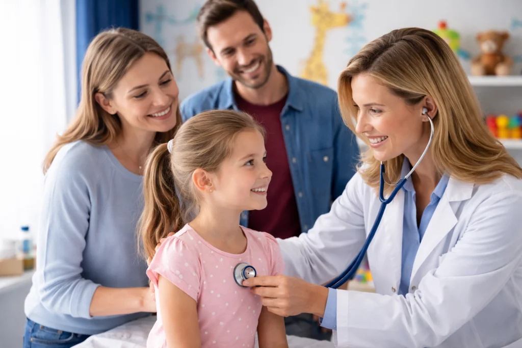 Pediatrician examining a child patient with family present in a billing-optimized practice