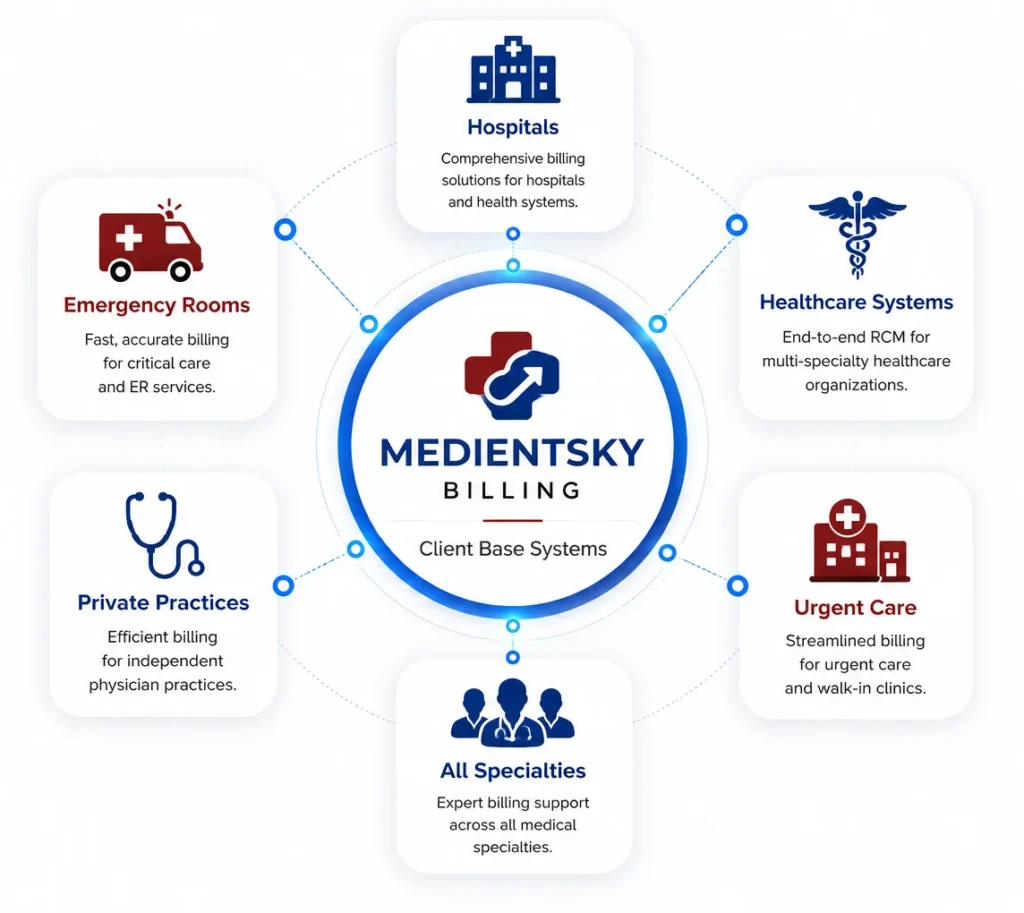 Medientsky Billing client base diagram showing medical billing services for hospitals, healthcare systems, emergency rooms, private practices, urgent care, and all specialties