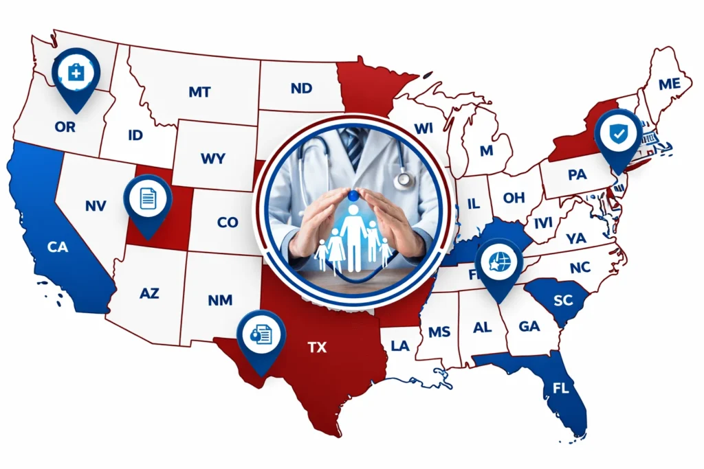 US map highlighting healthcare revenue cycle management services in California, Oregon, Nevada, Texas, Florida, and New York with medical billing icons