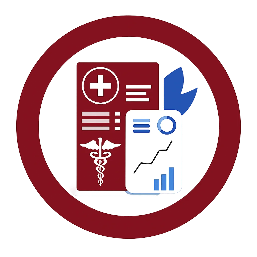 Round icon with medical record card and financial chart representing revenue cycle management for healthcare providers